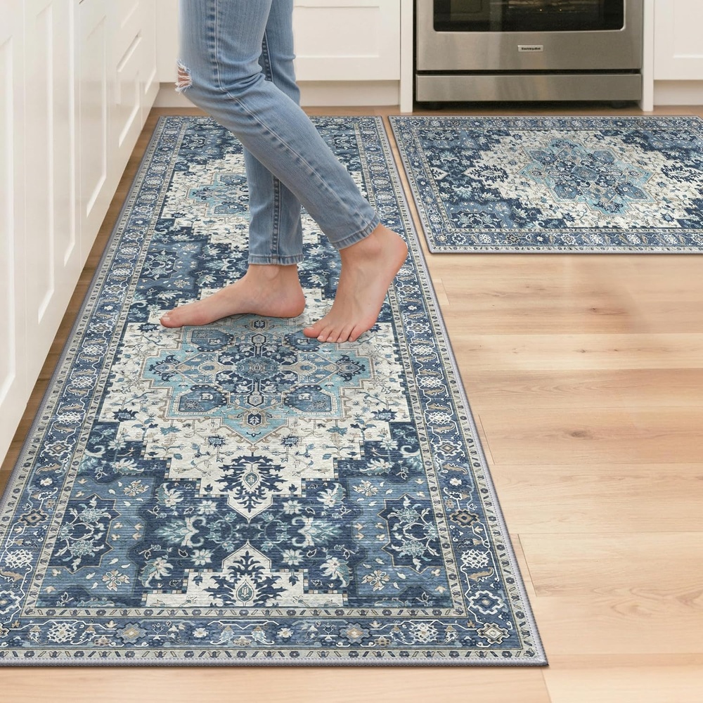 image:imageGENIMO Kitchen Rugs Large Washable Non Slip Kitchen Mats for Floor 48x72 Green vintage abstract rug soft faux cashmere low pile easyclean for laundry entryway sink farmhouseSlate Blue