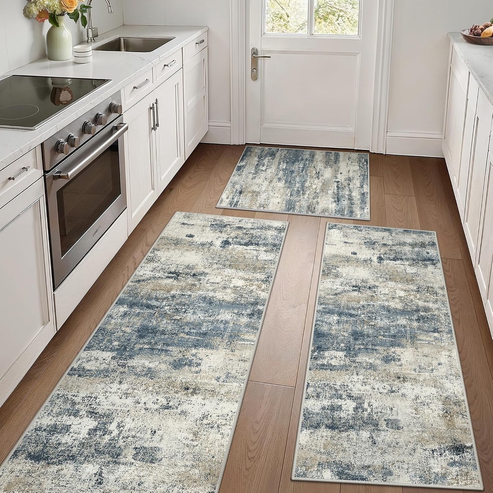 image:imageGENIMO Kitchen Rugs Large Washable Non Slip Kitchen Mats for Floor 48x72 Green vintage abstract rug soft faux cashmere low pile easyclean for laundry entryway sink farmhouseNavy Blue