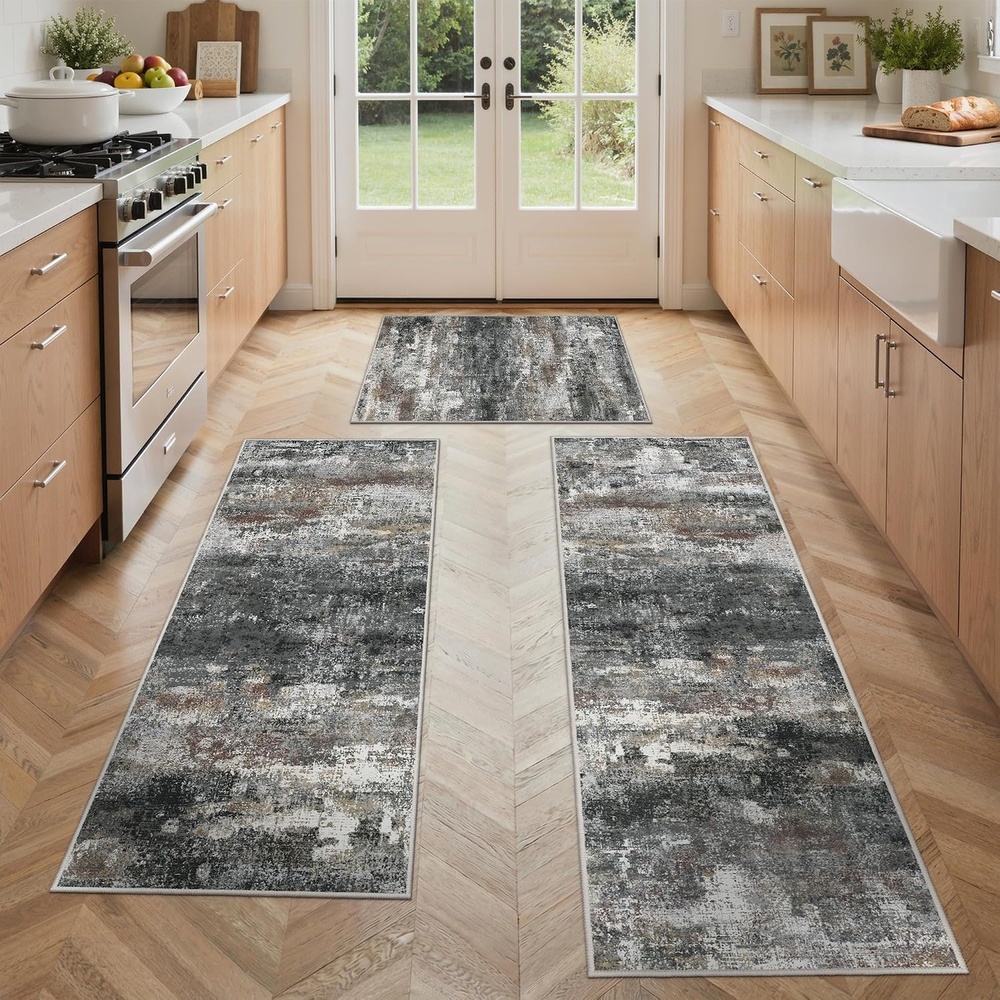 image:imageGENIMO Kitchen Rugs Large Washable Non Slip Kitchen Mats for Floor 48x72 Green vintage abstract rug soft faux cashmere low pile easyclean for laundry entryway sink farmhouseBlack Brown