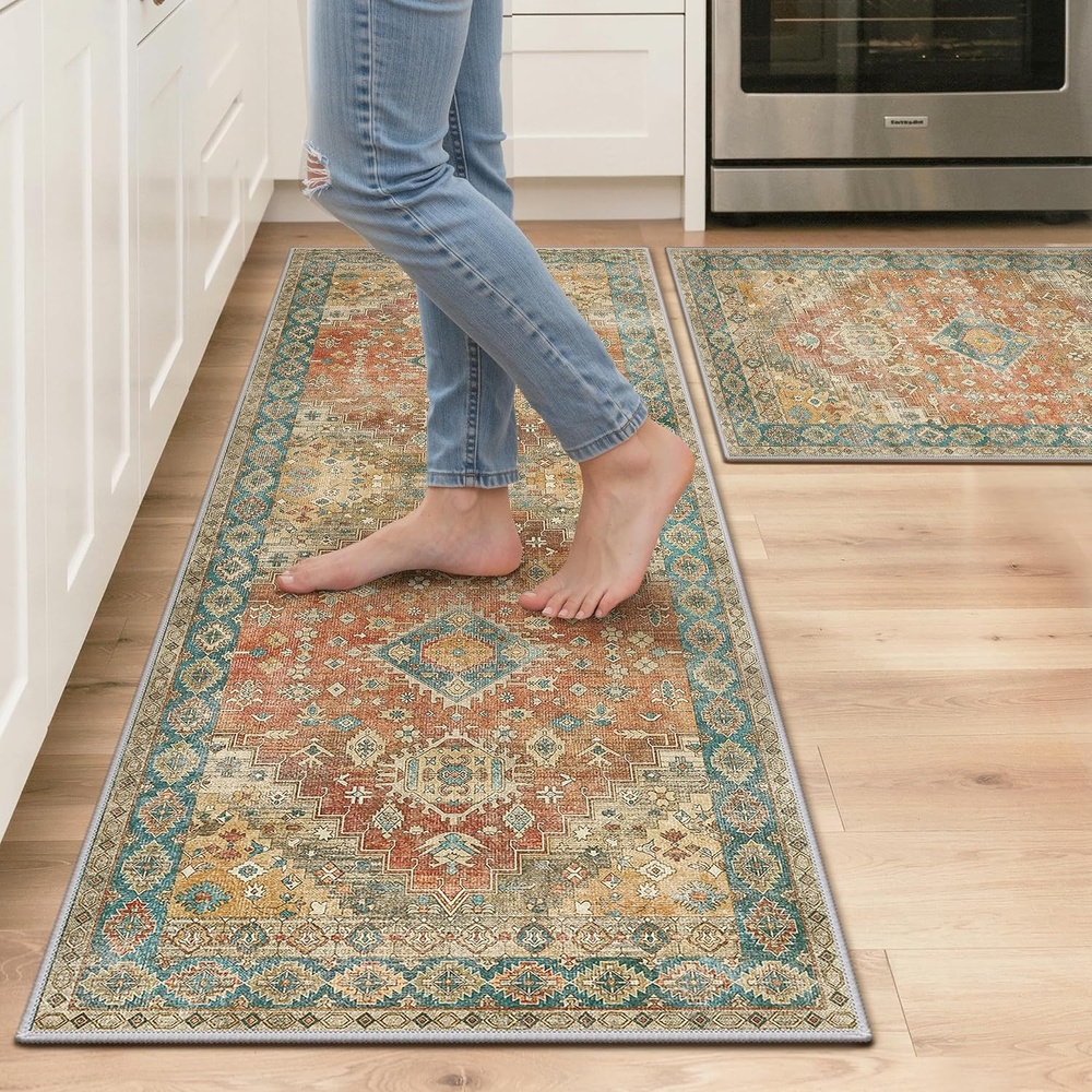 image:imageGENIMO Kitchen Rugs Large Washable Non Slip Kitchen Mats for Floor 48x72 Green vintage abstract rug soft faux cashmere low pile easyclean for laundry entryway sink farmhouseRetrobrick