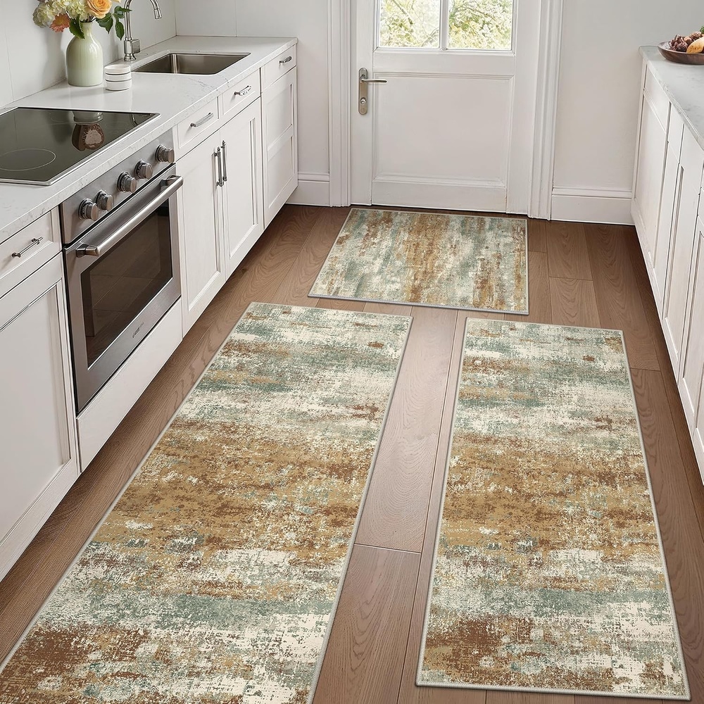 image:imageGENIMO Kitchen Rugs Large Washable Non Slip Kitchen Mats for Floor 48x72 Green vintage abstract rug soft faux cashmere low pile easyclean for laundry entryway sink farmhouseOrange Green