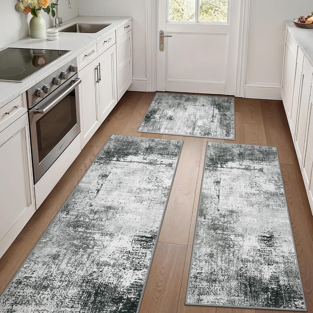 image:imageGENIMO Kitchen Rugs Large Washable Non Slip Kitchen Mats for Floor  48x72 Green vintage abstract rug soft faux cashmere low pile easyclean for laundry entryway sink farmhouseGrey White