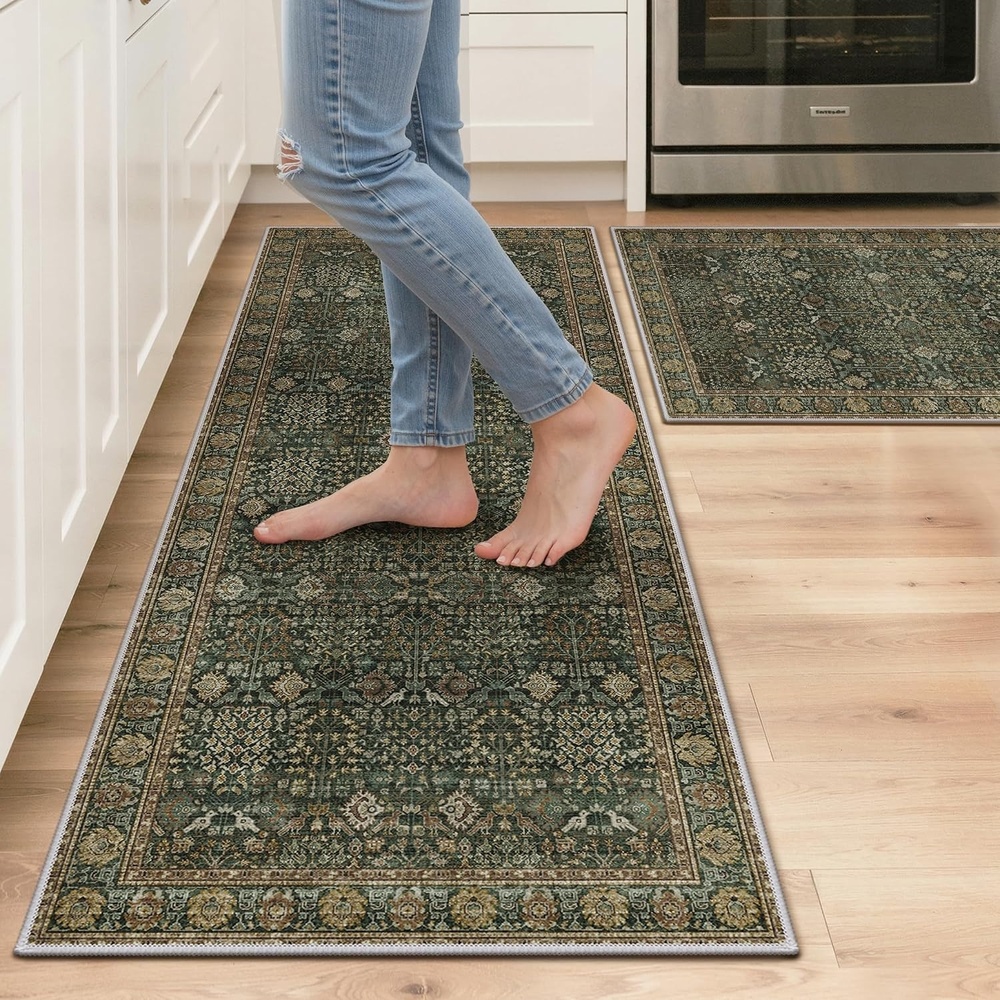 image:imageGENIMO Kitchen Rugs Large Washable Non Slip Kitchen Mats for Floor  48x72 Green vintage abstract rug soft faux cashmere low pile easyclean for laundry entryway sink farmhouseDark Green