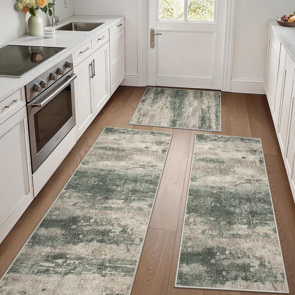 image:imageGENIMO Kitchen Rugs Large Washable Non Slip Kitchen Mats for Floor 48x72 Green vintage abstract rug soft faux cashmere low pile easyclean for laundry entryway sink farmhouseSage Sand