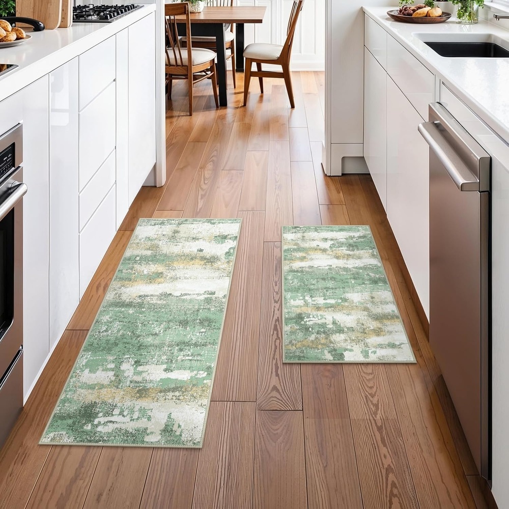 image:imageGENIMO Kitchen Rugs Large Washable Non Slip Kitchen Mats for Floor  48x72 Green vintage abstract rug soft faux cashmere low pile easyclean for laundry entryway sink farmhouseGreen
