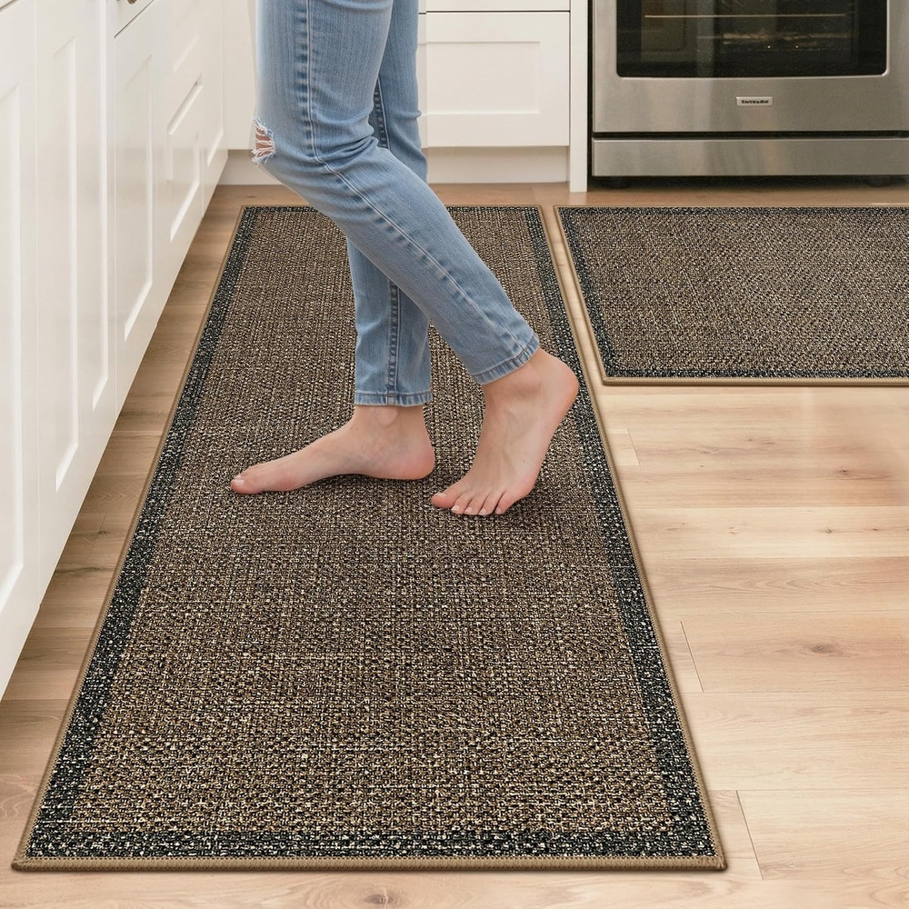 image:imageGENIMO Kitchen Rugs Large Washable Non Slip Kitchen Mats for Floor  48x72 Green vintage abstract rug soft faux cashmere low pile easyclean for laundry entryway sink farmhouseBrown Border