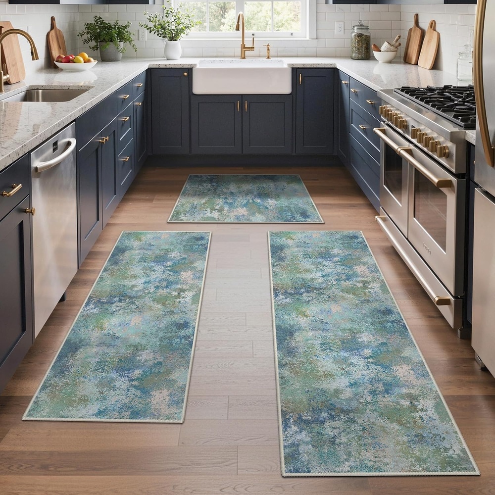 image:imageGENIMO Kitchen Rugs Large Washable Non Slip Kitchen Mats for Floor 48x72 Green vintage abstract rug soft faux cashmere low pile easyclean for laundry entryway sink farmhouseMix Blue