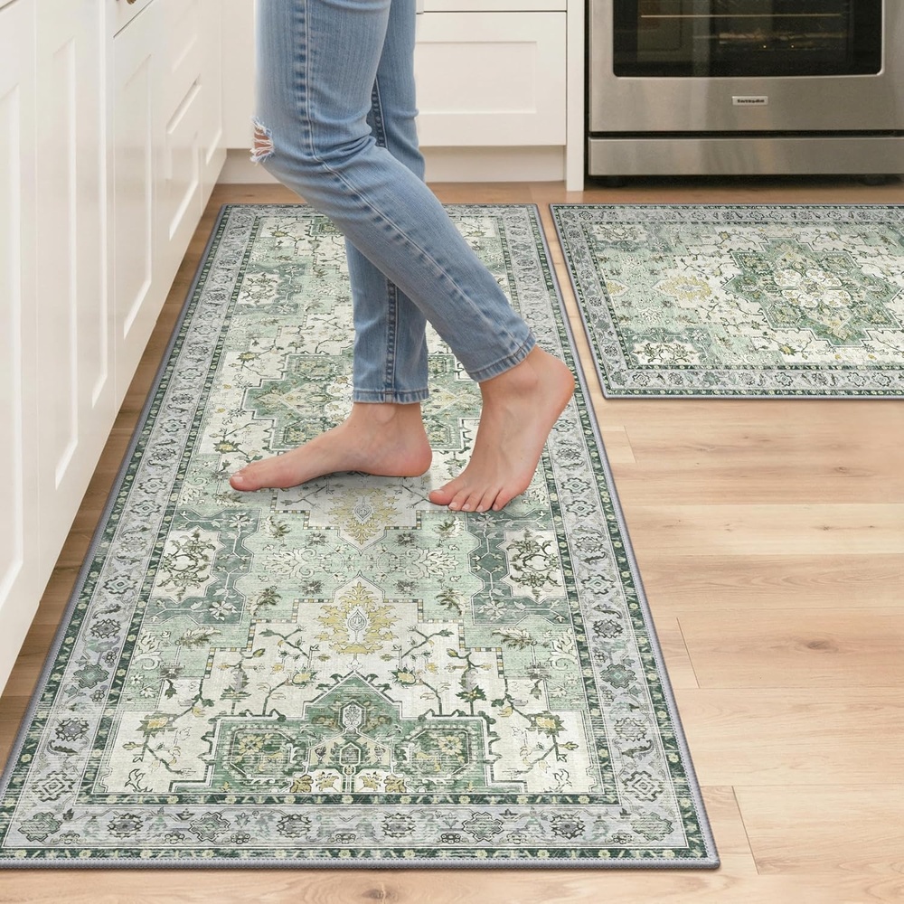image:imageGENIMO Kitchen Rugs Large Washable Non Slip Kitchen Mats for Floor  48x72 Green vintage abstract rug soft faux cashmere low pile easyclean for laundry entryway sink farmhouseLight Green