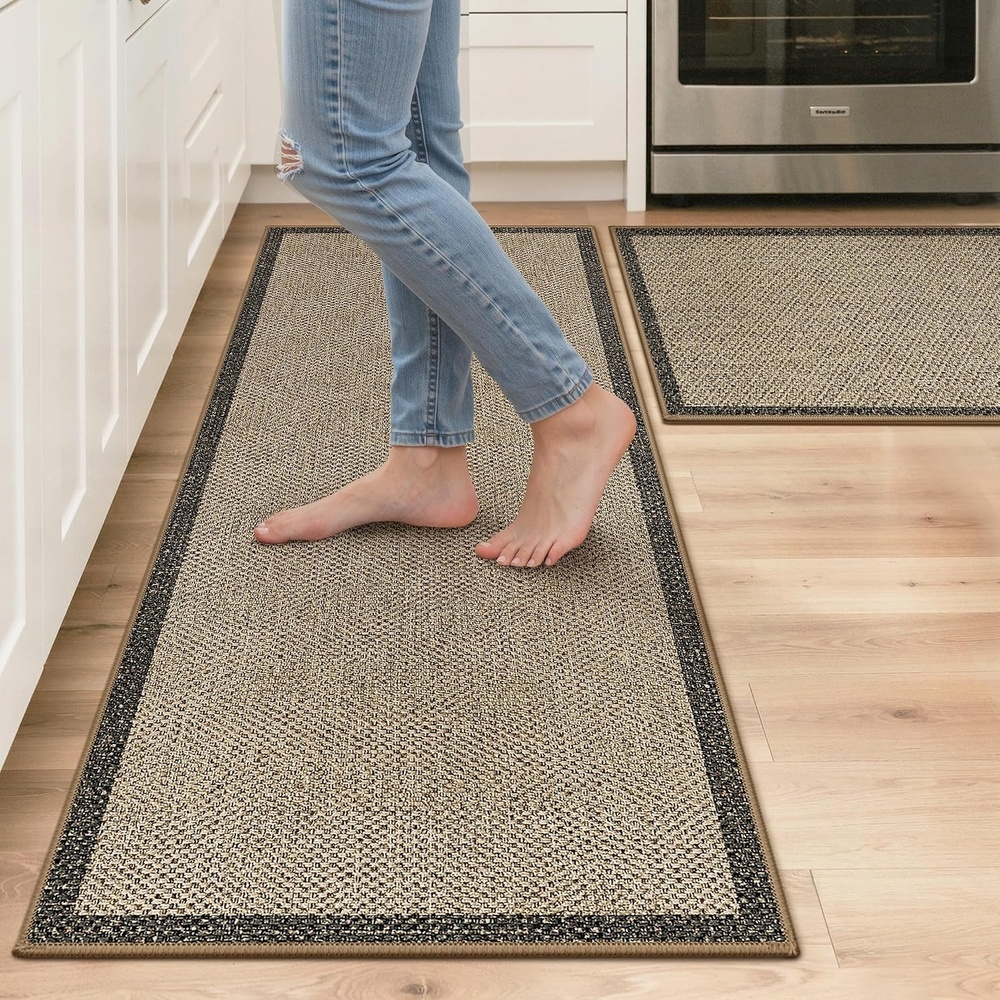 image:imageGENIMO Kitchen Rugs Large Washable Non Slip Kitchen Mats for Floor 48x72 Green vintage abstract rug soft faux cashmere low pile easyclean for laundry entryway sink farmhouseBeige Border
