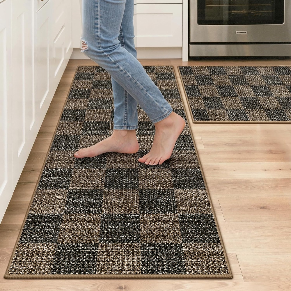 image:imageGENIMO Kitchen Rugs Large Washable Non Slip Kitchen Mats for Floor  48x72 Green vintage abstract rug soft faux cashmere low pile easyclean for laundry entryway sink farmhouseBrown Checkered