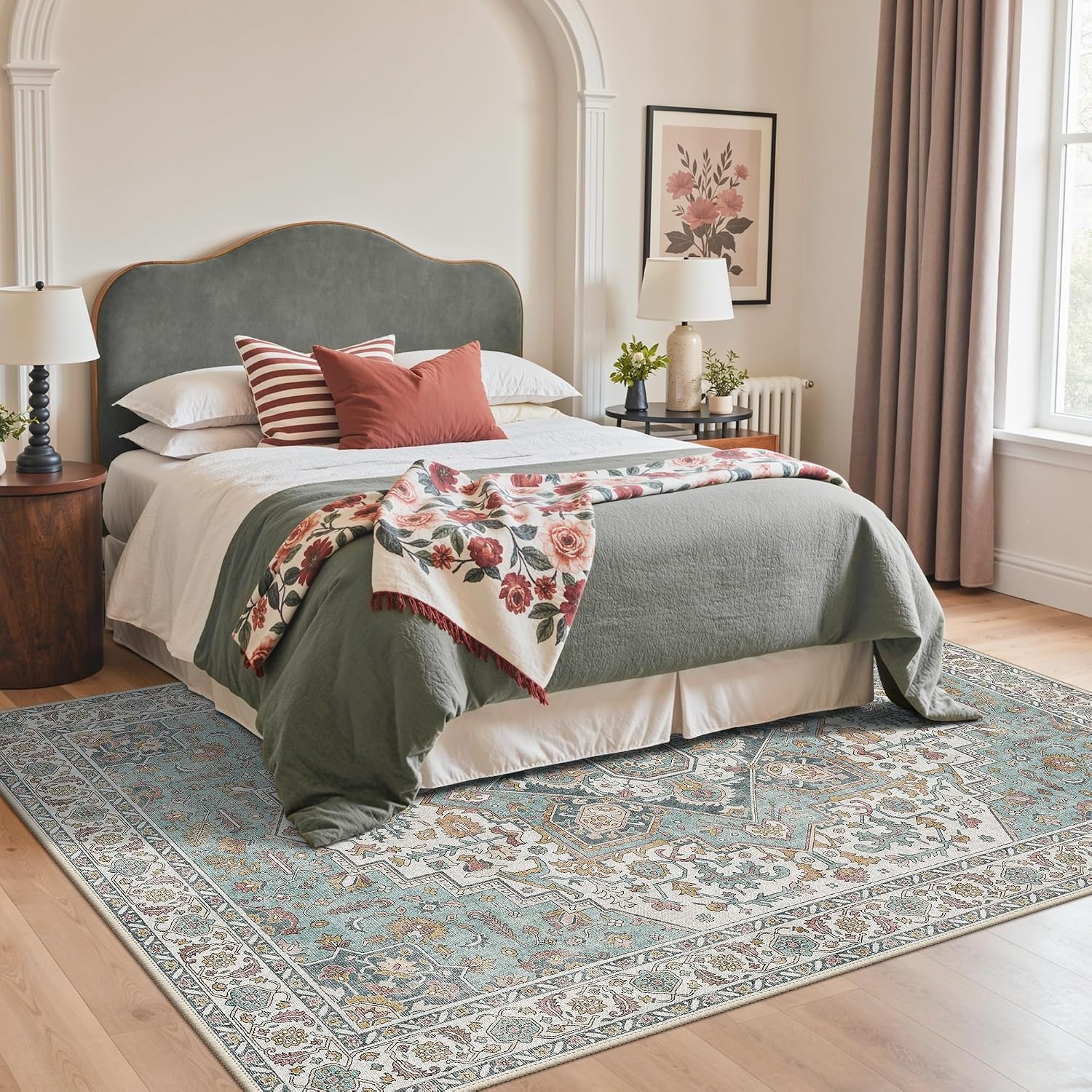 image:imageGENIMO 8x10 Washable Area Rugs for Living Room Non Slip Teal Ivory Rust Large Vintage Floral Rug Stain Resistant Low Pile and Lightweight for Bedroom Dining Room and Home Office