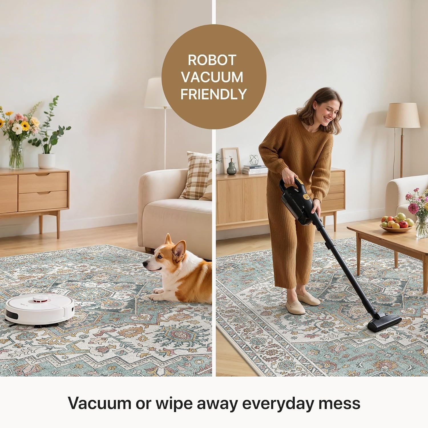 image:imageGENIMO 8x10 Washable Area Rugs for Living Room Non Slip Teal Ivory Rust Large Vintage Floral Rug Stain Resistant Low Pile and Lightweight for Bedroom Dining Room and Home Office