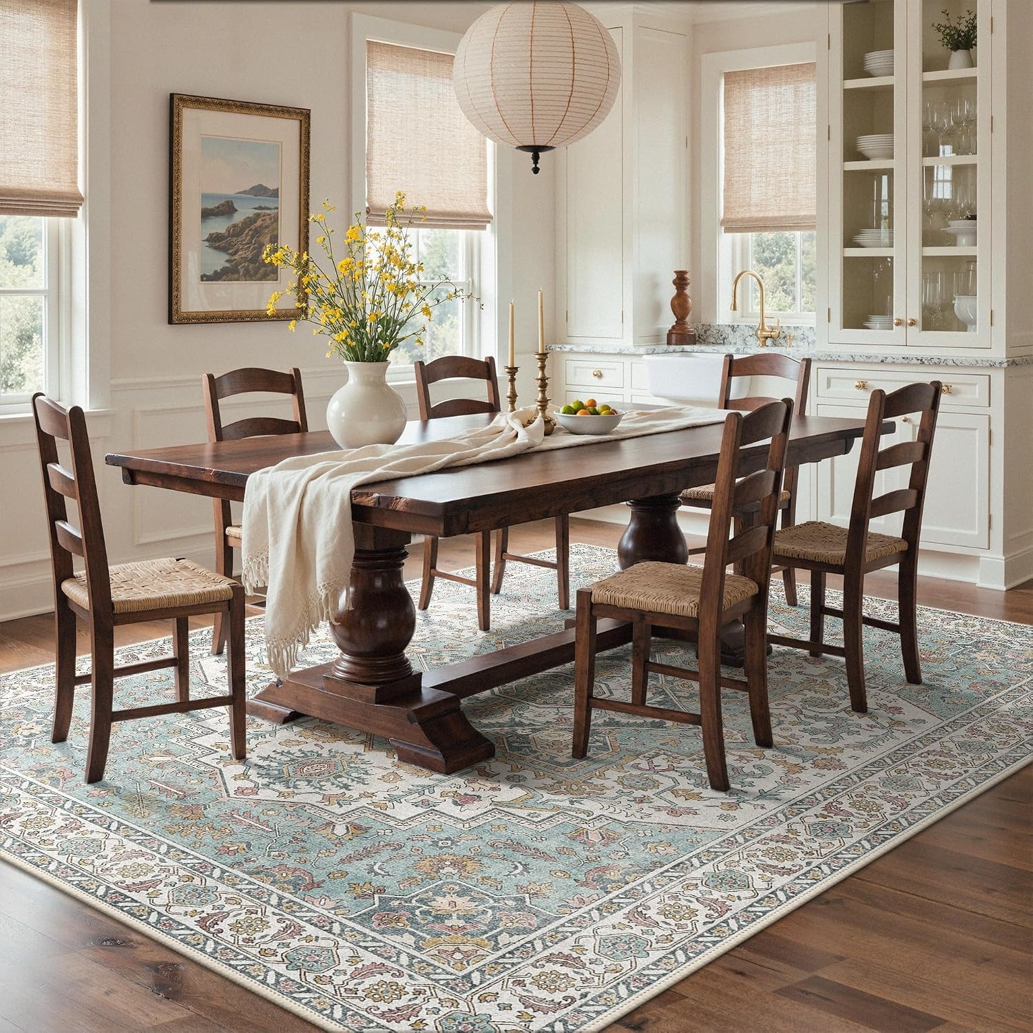 image:imageGENIMO 8x10 Washable Area Rugs for Living Room Non Slip Teal Ivory Rust Large Vintage Floral Rug Stain Resistant Low Pile and Lightweight for Bedroom Dining Room and Home Office