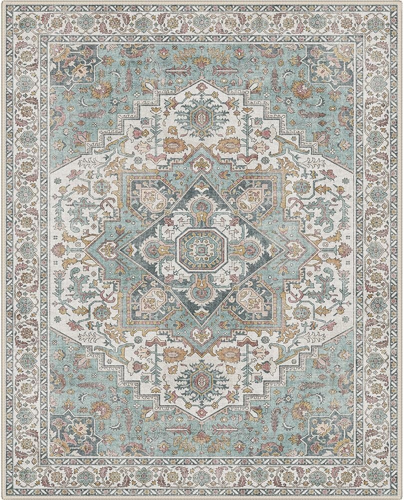 image:imageGENIMO 8x10 Washable Area Rugs for Living Room Non Slip Teal Ivory Rust Large Vintage Floral Rug Stain Resistant Low Pile and Lightweight for Bedroom Dining Room and Home Office
