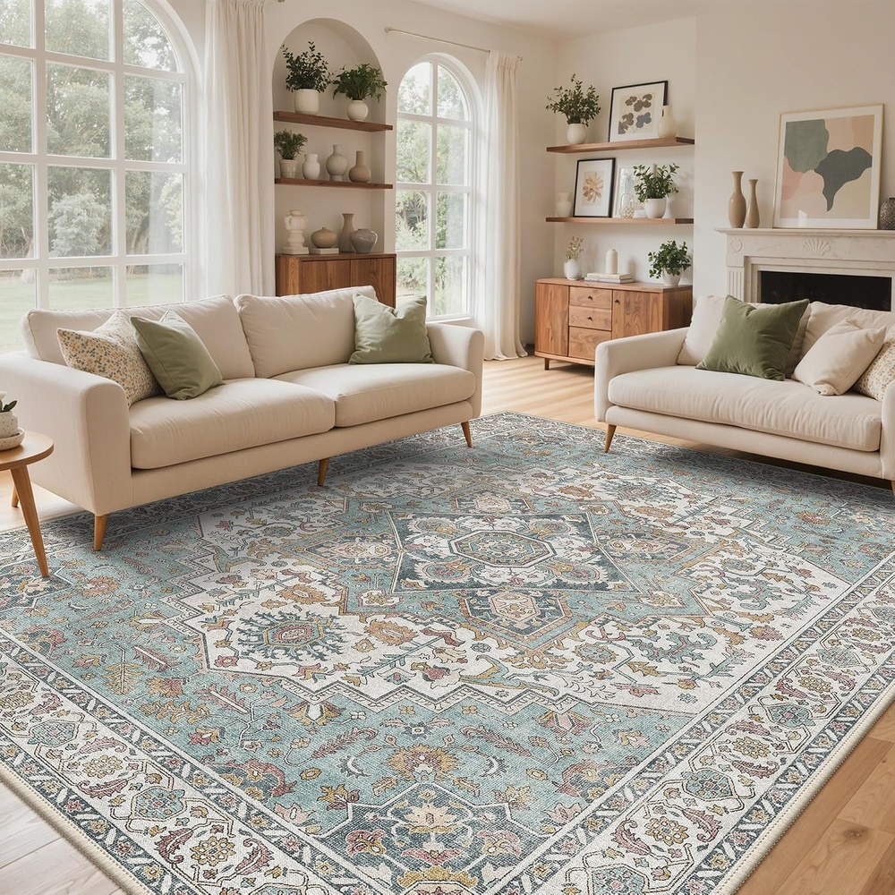 image:imageGENIMO 8x10 Washable Area Rugs for Living Room Non Slip Teal Ivory Rust Large Vintage Floral Rug Stain Resistant Low Pile and Lightweight for Bedroom Dining Room and Home Office