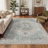 GENIMO 8×10 Washable Area Rugs for Living Room, Non Slip, Teal Ivory Rust | Large Vintage Floral Rug, Stain Resistant, Low Pile and Lightweight for Bedroom, Dining Room and Home Office