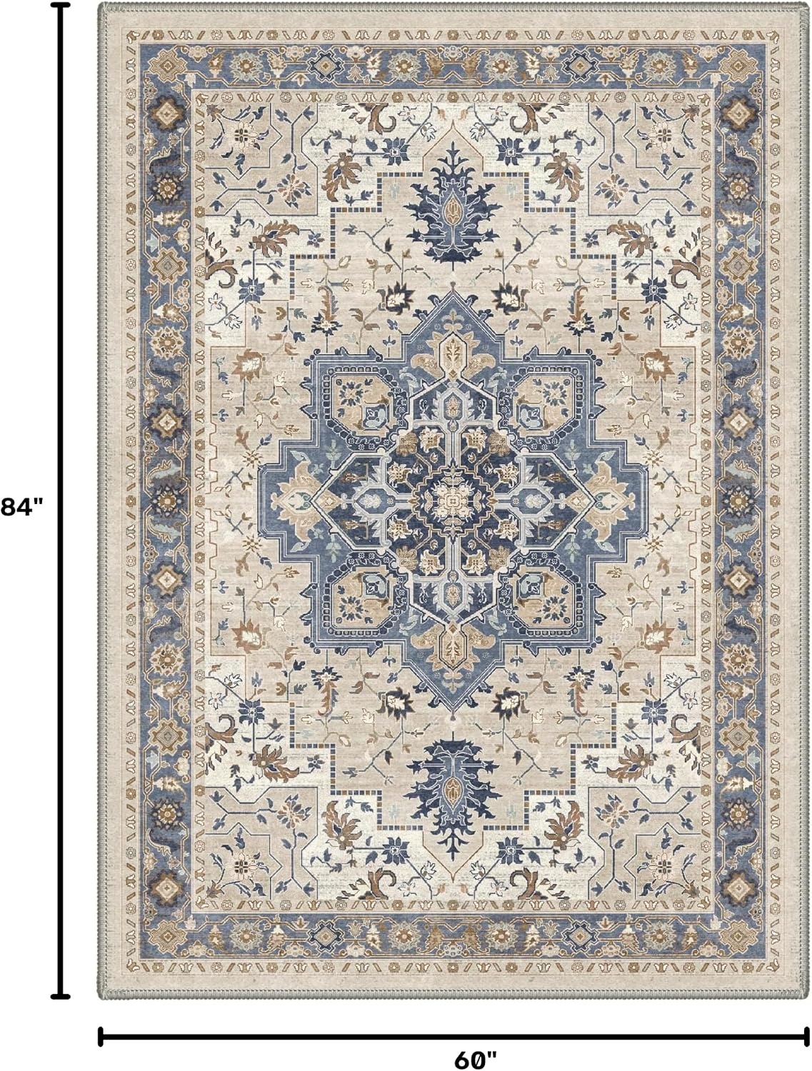 image:imageGENIMO 5x7 Washable Area Rugs for Living Room Non Slip Blue Cream Vintage Floral Rug Stain Resistant Low Pile and Lightweight for Bedroom Dining Room and Home Office