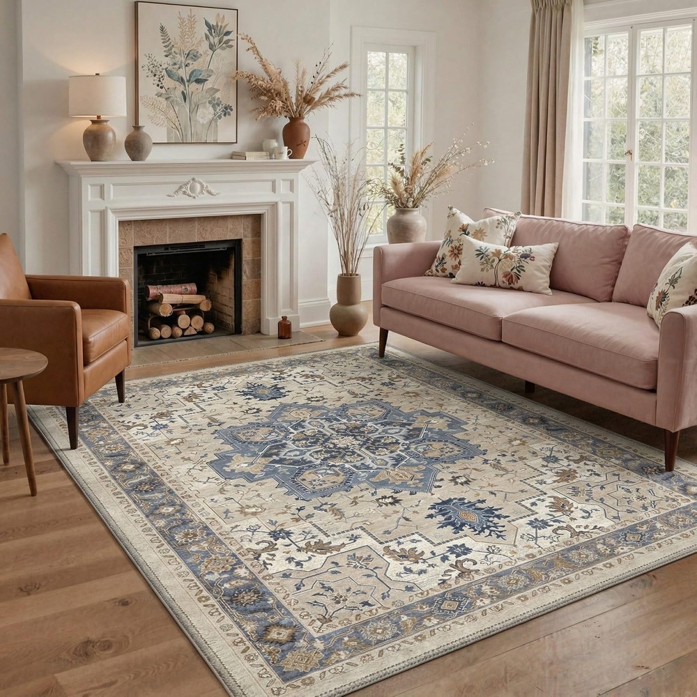 image:imageGENIMO 5x7 Washable Area Rugs for Living Room Non Slip Blue Cream Vintage Floral Rug Stain Resistant Low Pile and Lightweight for Bedroom Dining Room and Home Office