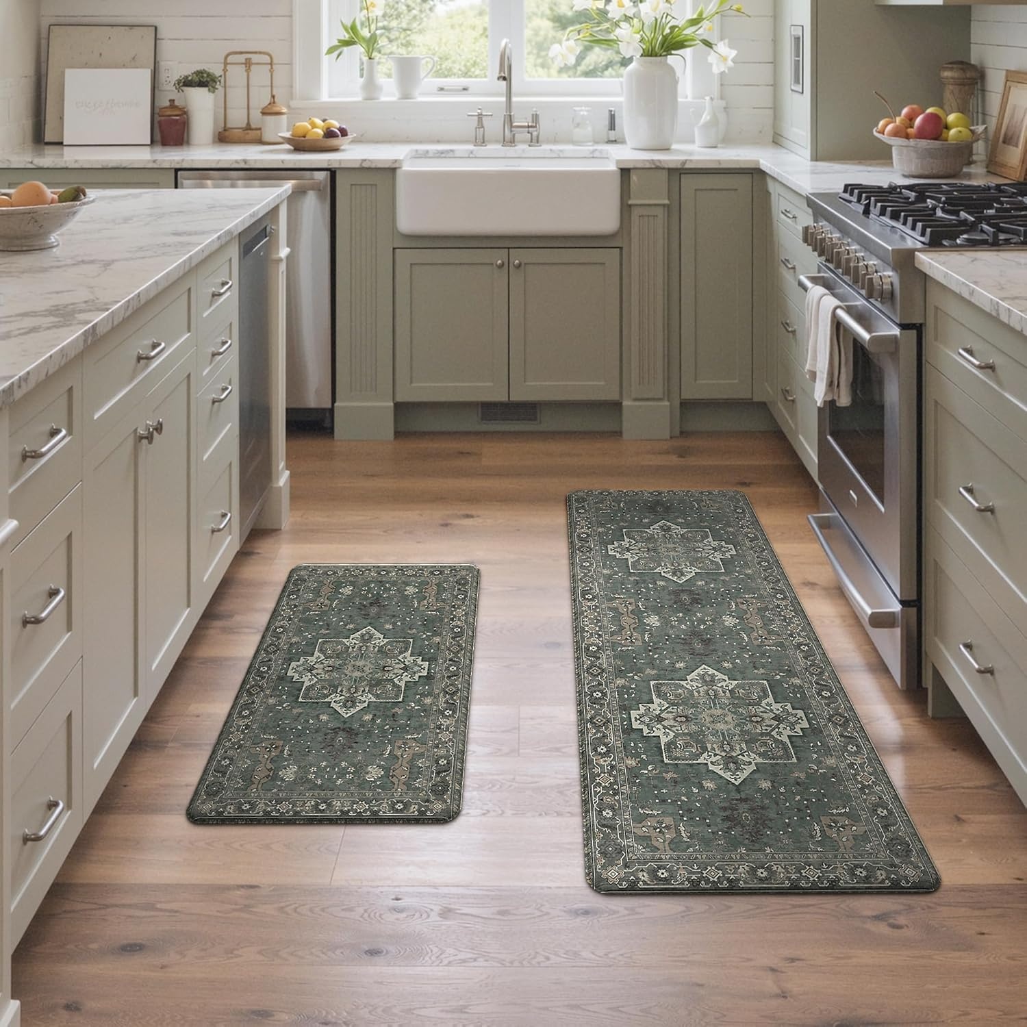 image:imageGENIMO Anti Fatigue Kitchen Mats for Floor 2PCS Standing RugsGold BlackForest Green