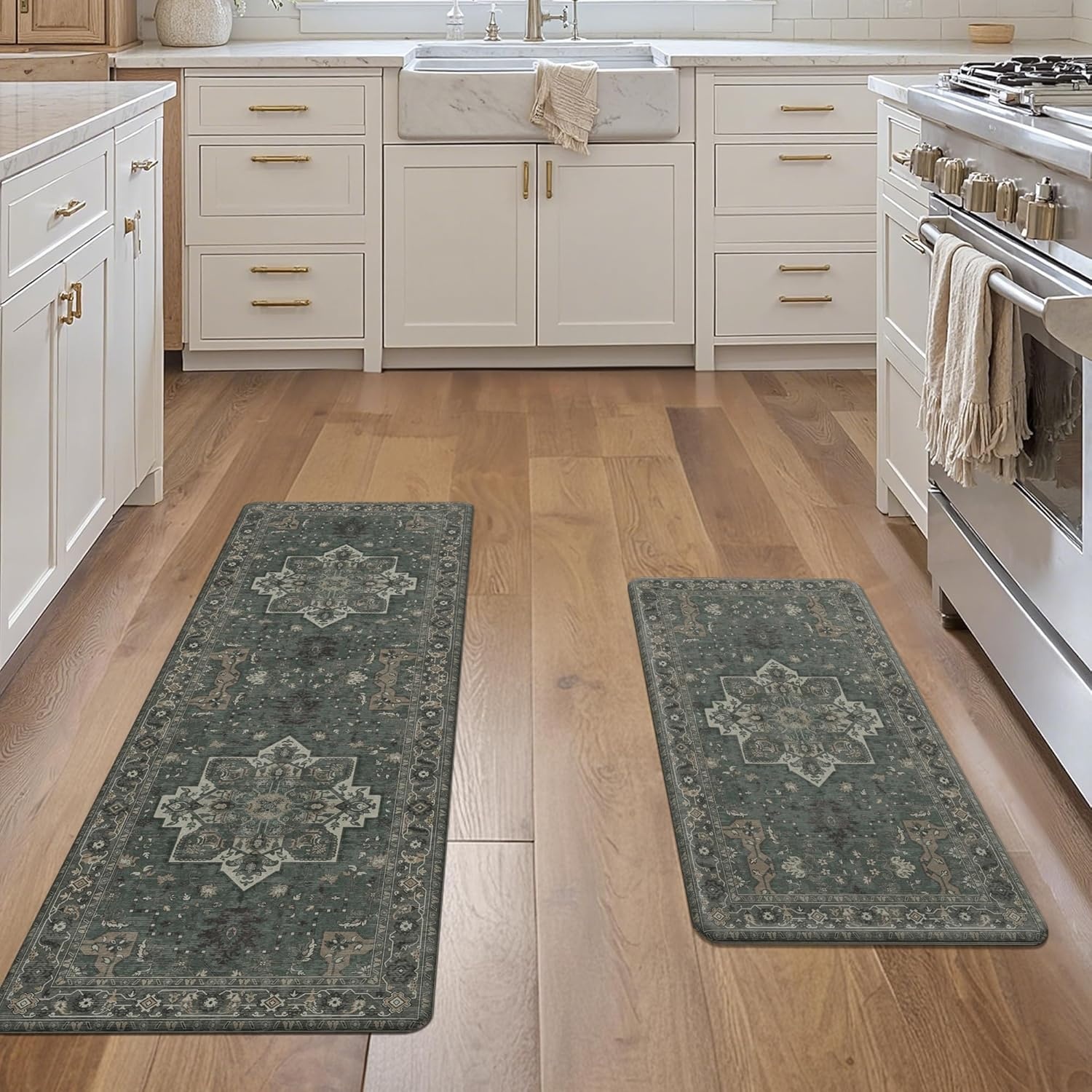 image:imageGENIMO Anti Fatigue Kitchen Mats for Floor 2PCS Standing RugsGold BlackForest Green