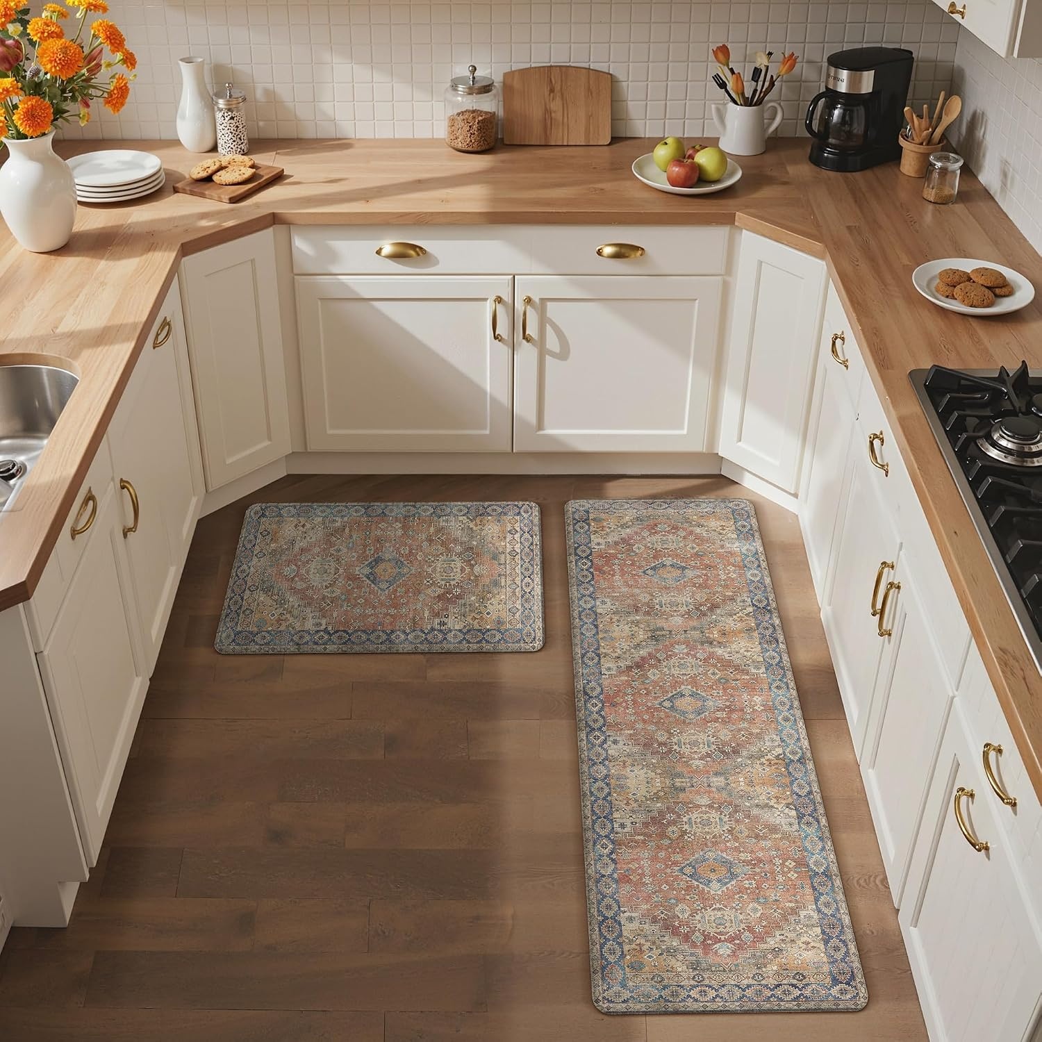 image:imageGENIMO Anti Fatigue Kitchen Mats for Floor 2PCS Standing RugsGold BlackRetrobrick
