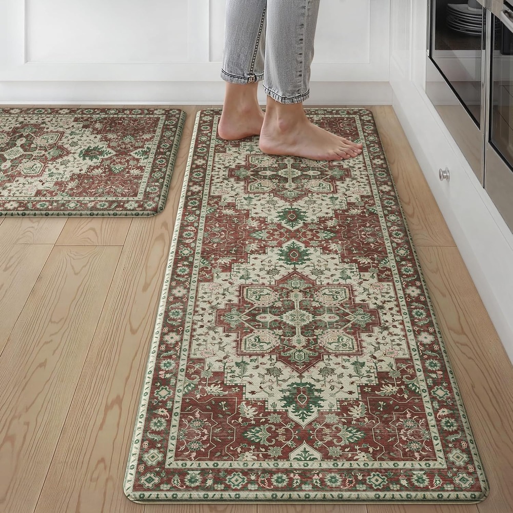 image:imageGENIMO Anti Fatigue Kitchen Mats for Floor 2PCS Standing RugsGold BlackVintage Red