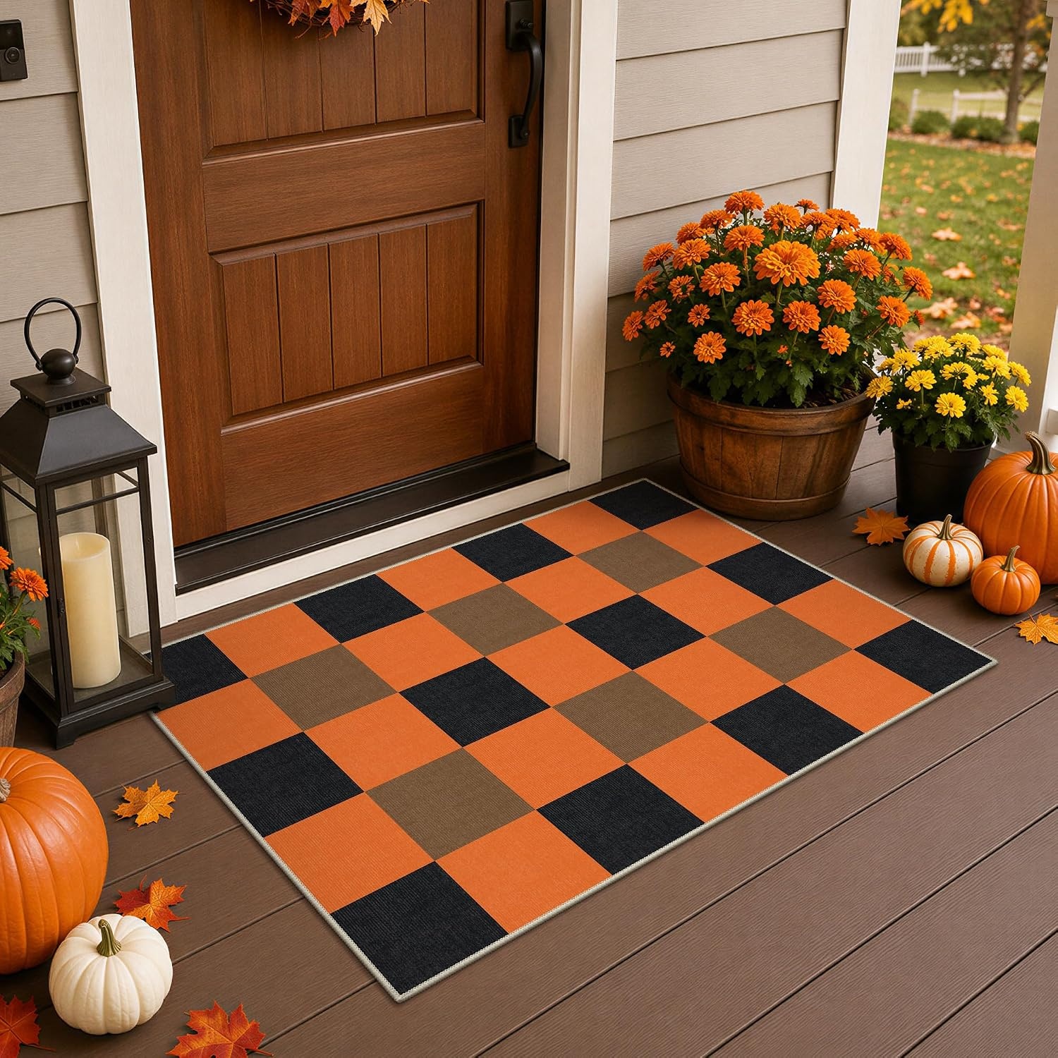 image:imageGENIMO 3x5 Outdoor Rug Washable for Porch and Entryway Sage GreenBlack Pumpkin