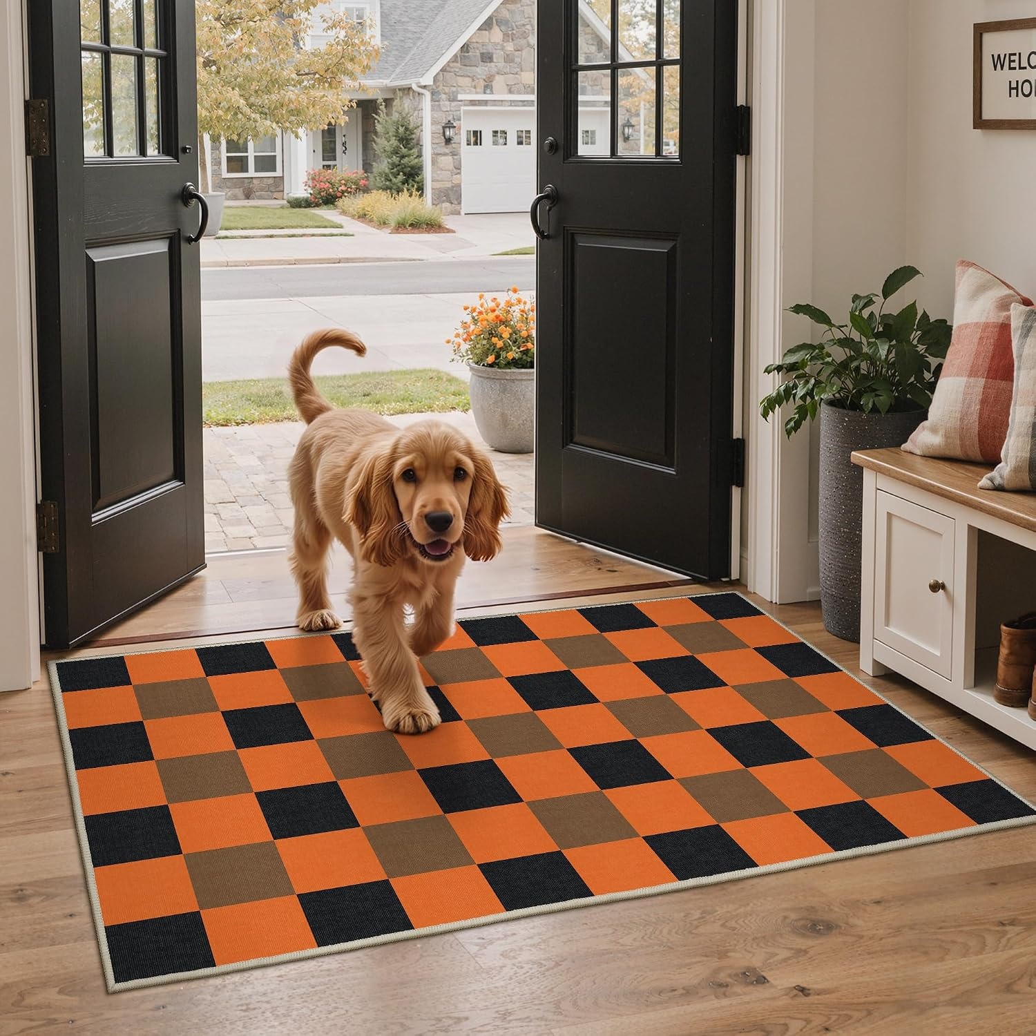 image:imageGENIMO 3x5 Outdoor Rug Washable for Porch and Entryway Sage GreenBlack Pumpkin