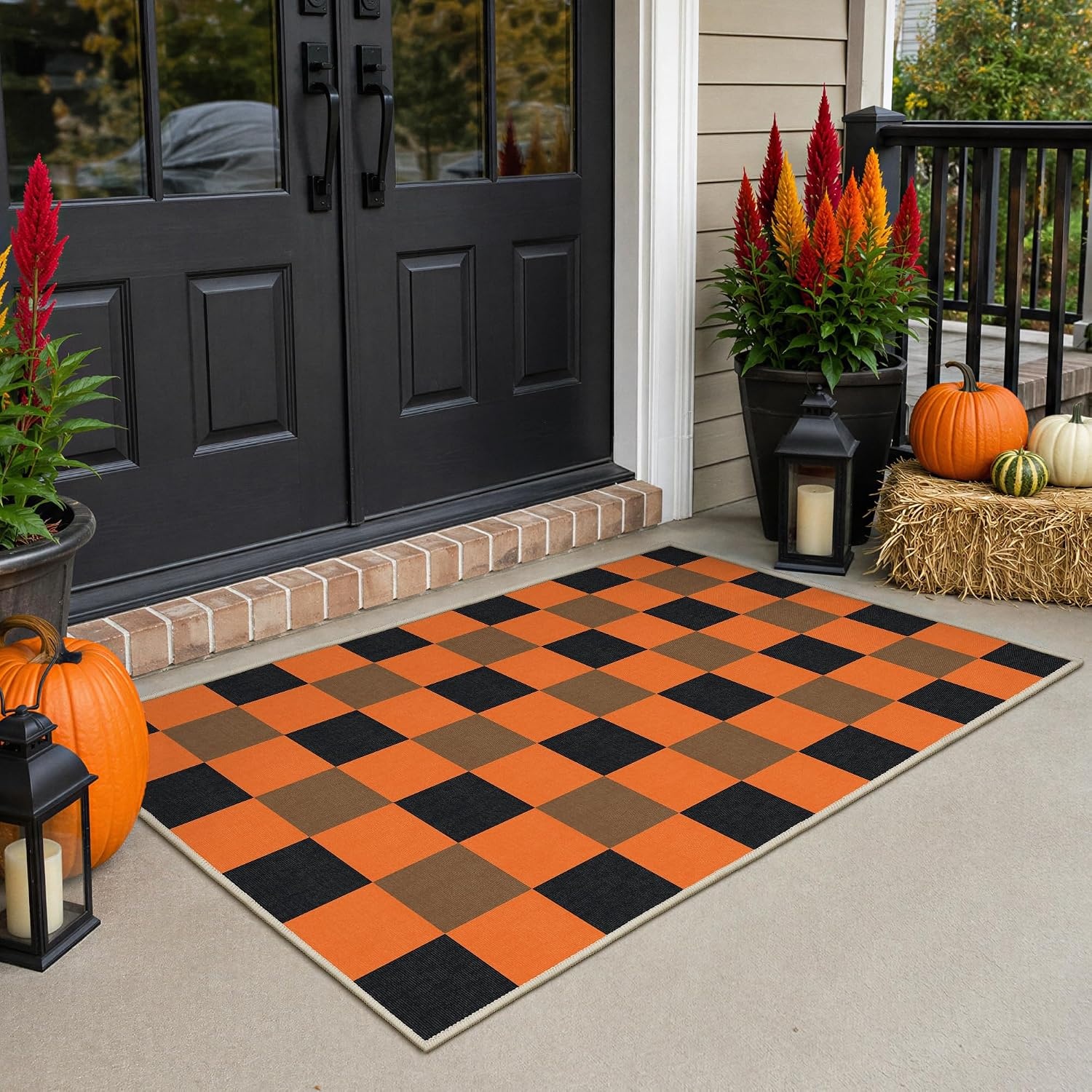image:imageGENIMO 3x5 Outdoor Rug Washable for Porch and Entryway Sage GreenBlack Pumpkin