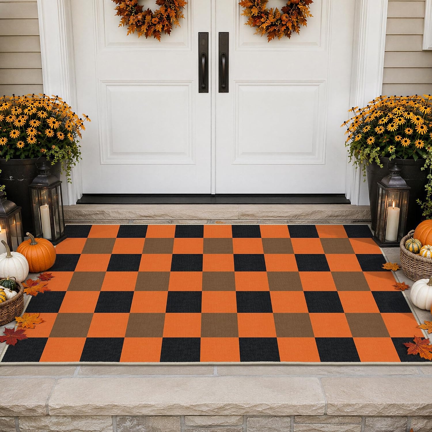 image:imageGENIMO 3x5 Outdoor Rug Washable for Porch and Entryway Sage GreenBlack Pumpkin