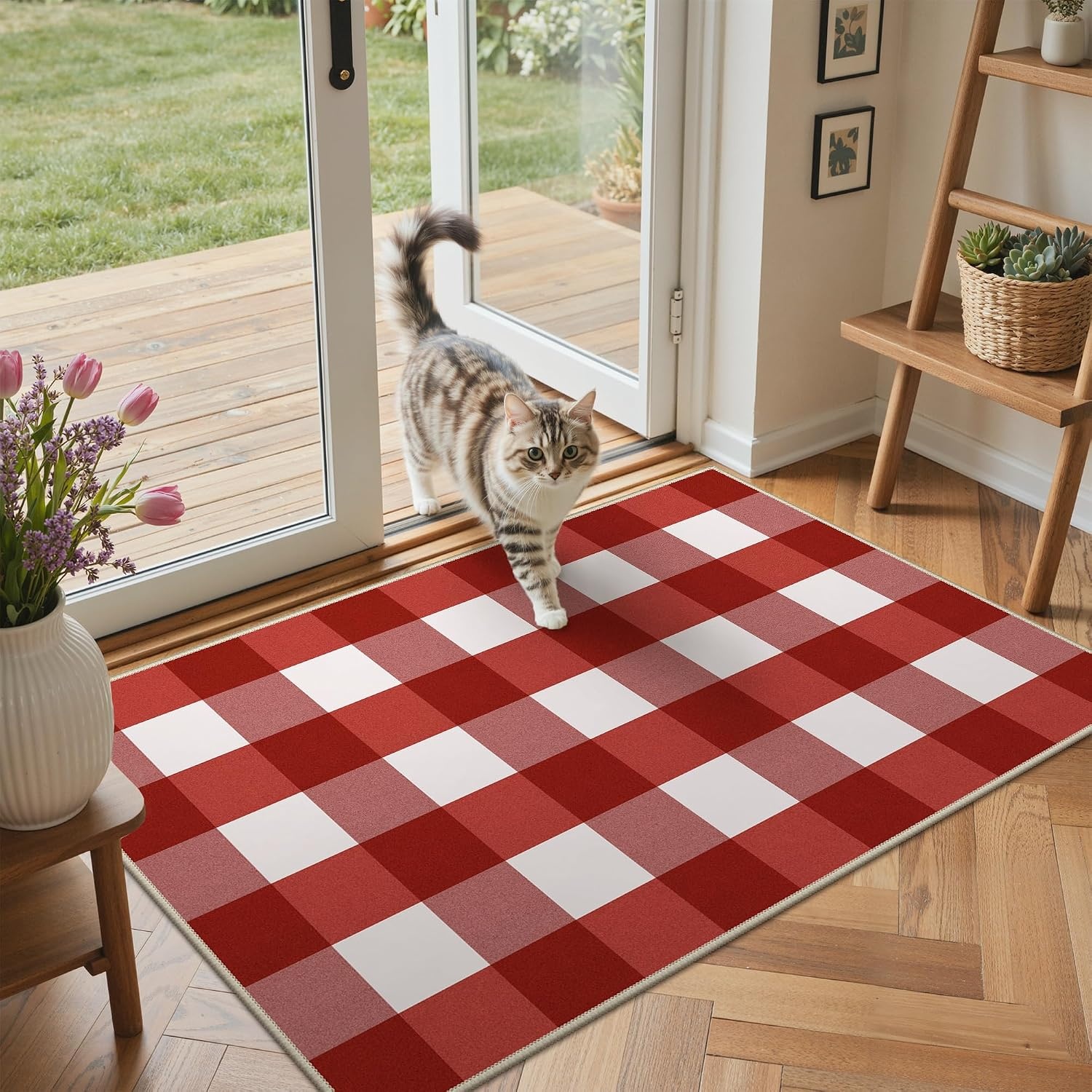 image:imageGENIMO 3x5 Outdoor Rug Washable for Porch and Entryway Sage GreenBright Red