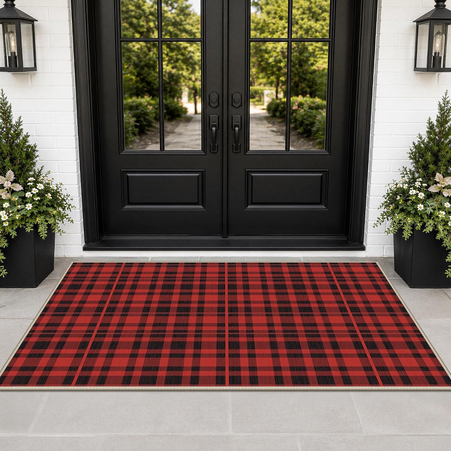 image:imageGENIMO 3x5 Outdoor Rug Washable for Porch and Entryway Sage GreenClassic Red