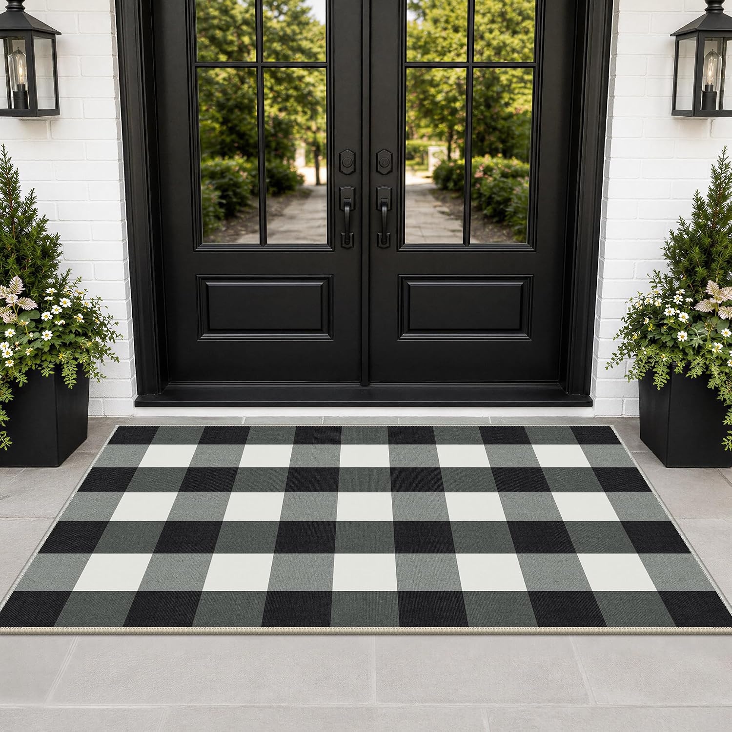 image:imageGENIMO 3x5 Outdoor Rug Washable for Porch and Entryway Sage GreenJet Black