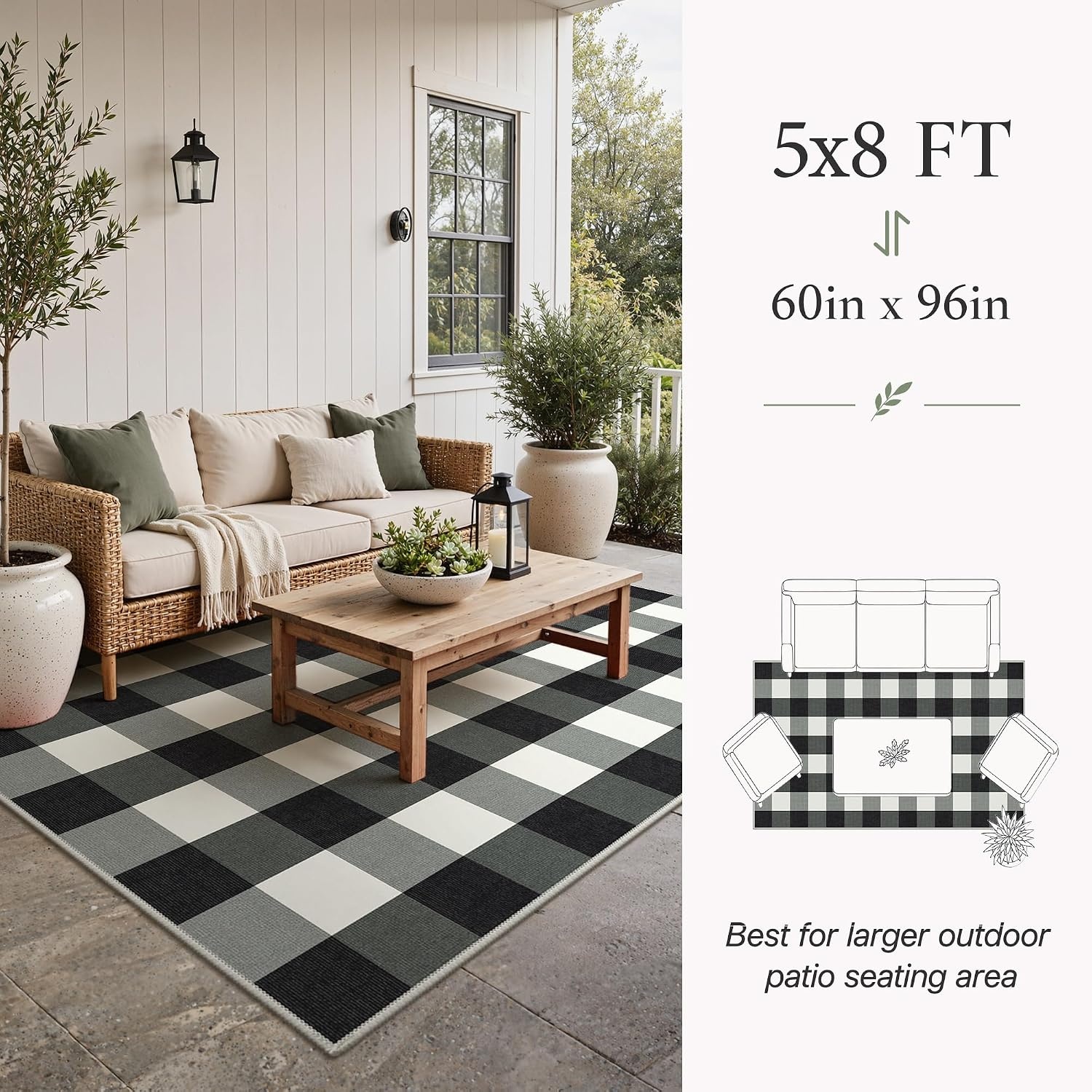 image:imageGENIMO 3x5 Outdoor Rug Washable for Porch and Entryway Sage GreenJet Black