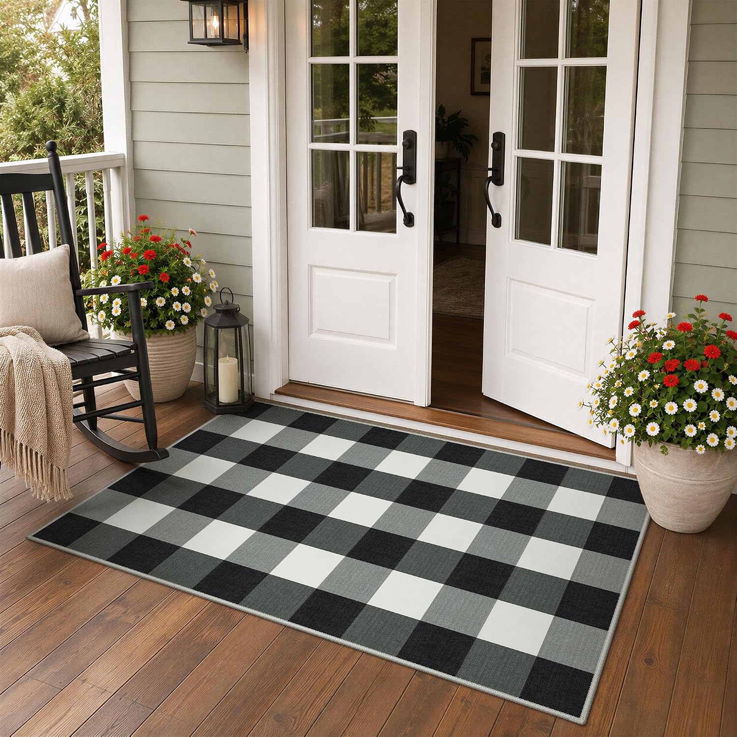 image:imageGENIMO 3x5 Outdoor Rug Washable for Porch and Entryway Sage GreenJet Black