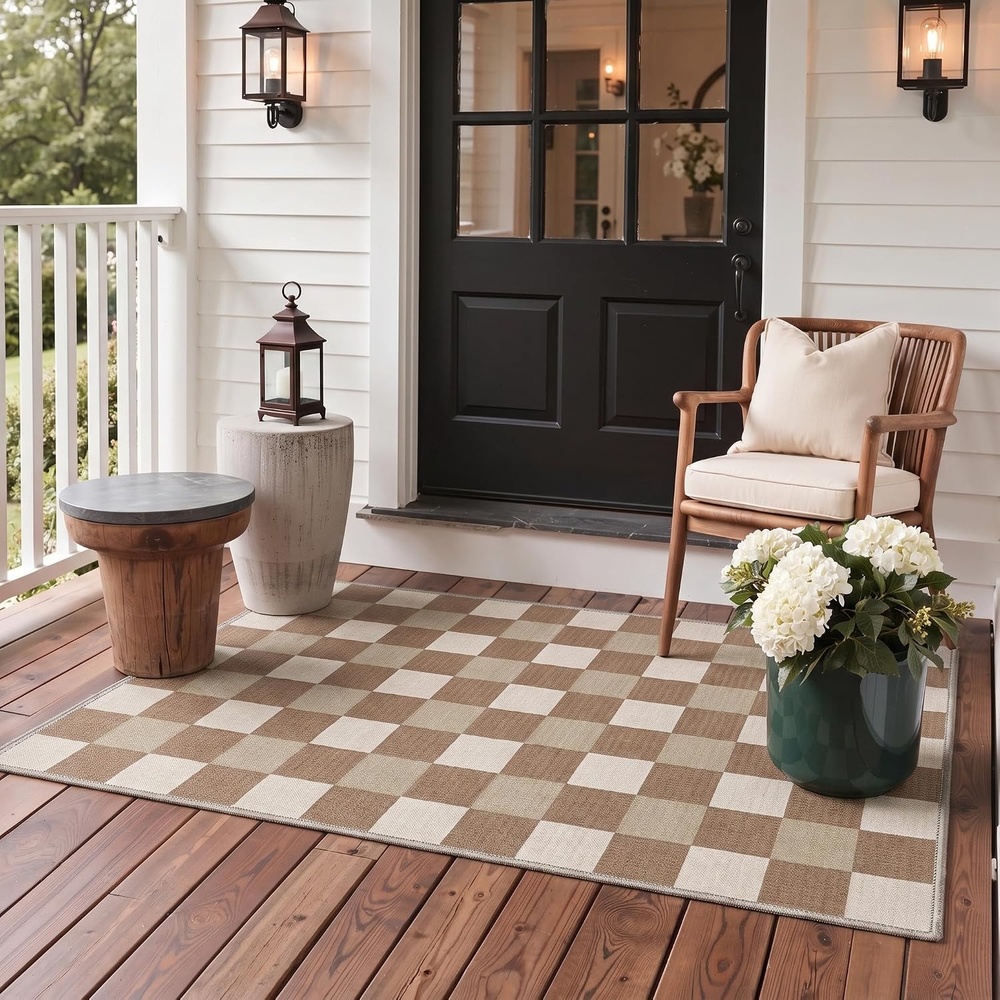 image:imageGENIMO 3x5 Outdoor Rug Washable for Porch and Entryway Sage GreenLight Brown