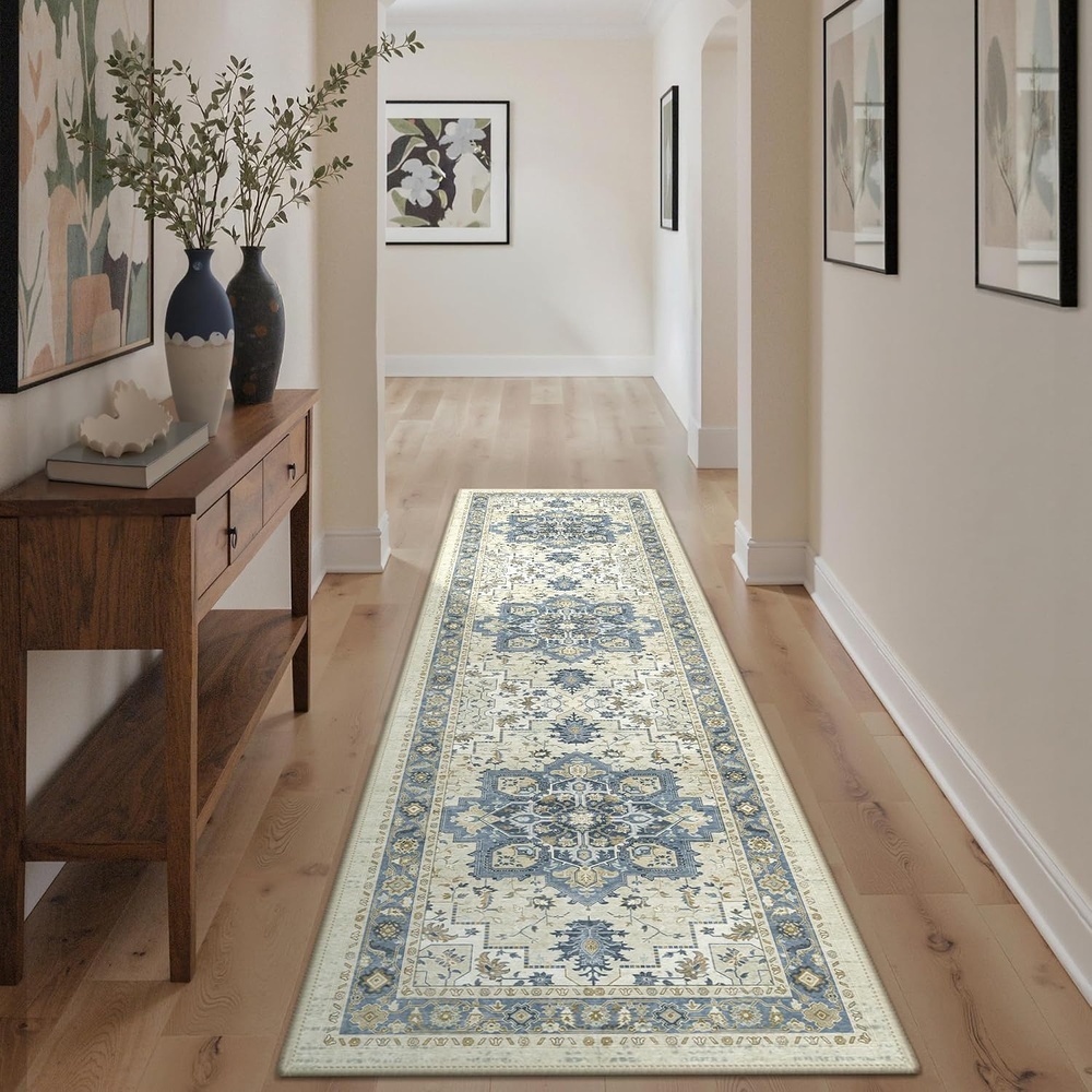 image:imageGENIMO 2x10 Washable Runner Rug Non Slip for Hallway Blue Cream